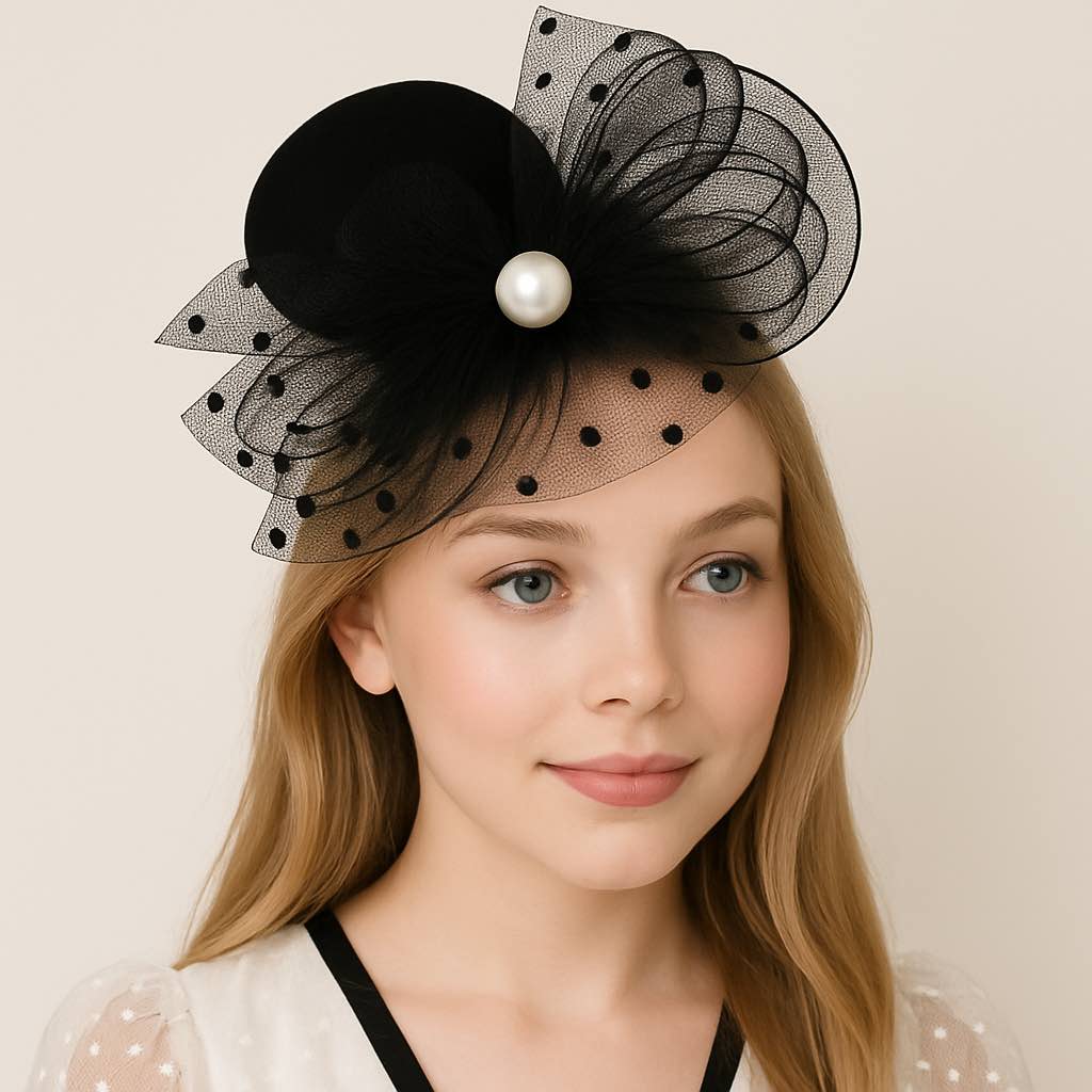 כובע טול נקודות שחור עם פרח פנינה