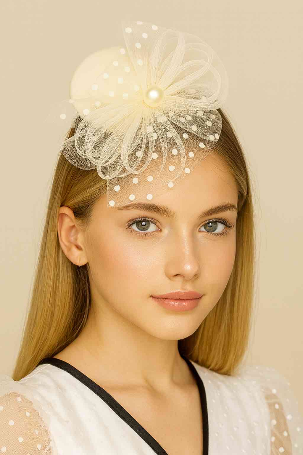 כובע לבן- עם רשת נקודות ופנינה